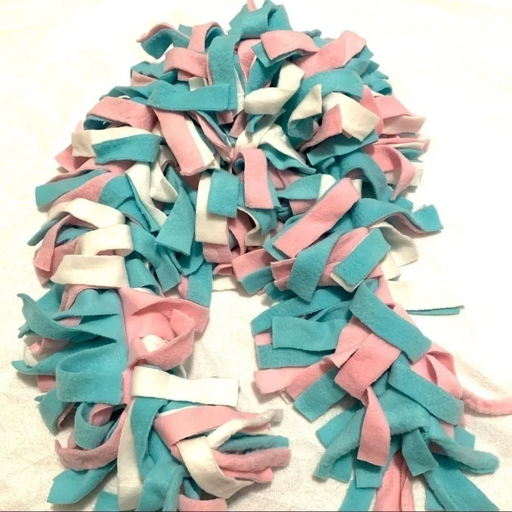 Handmade Baby Blue, Pink, & White Fleece Scarf & Matching Hat Fringe Winter Set
